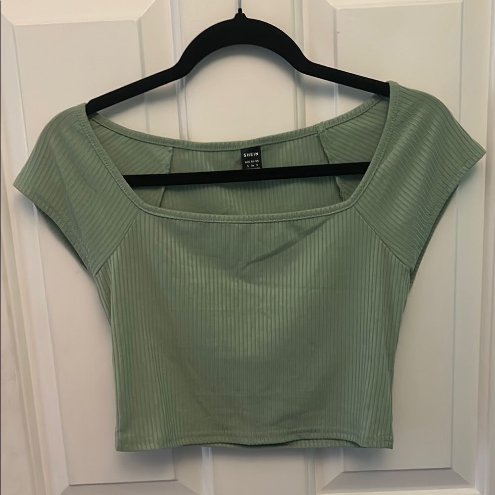 Green Ribbed Square-Neck Crop Top